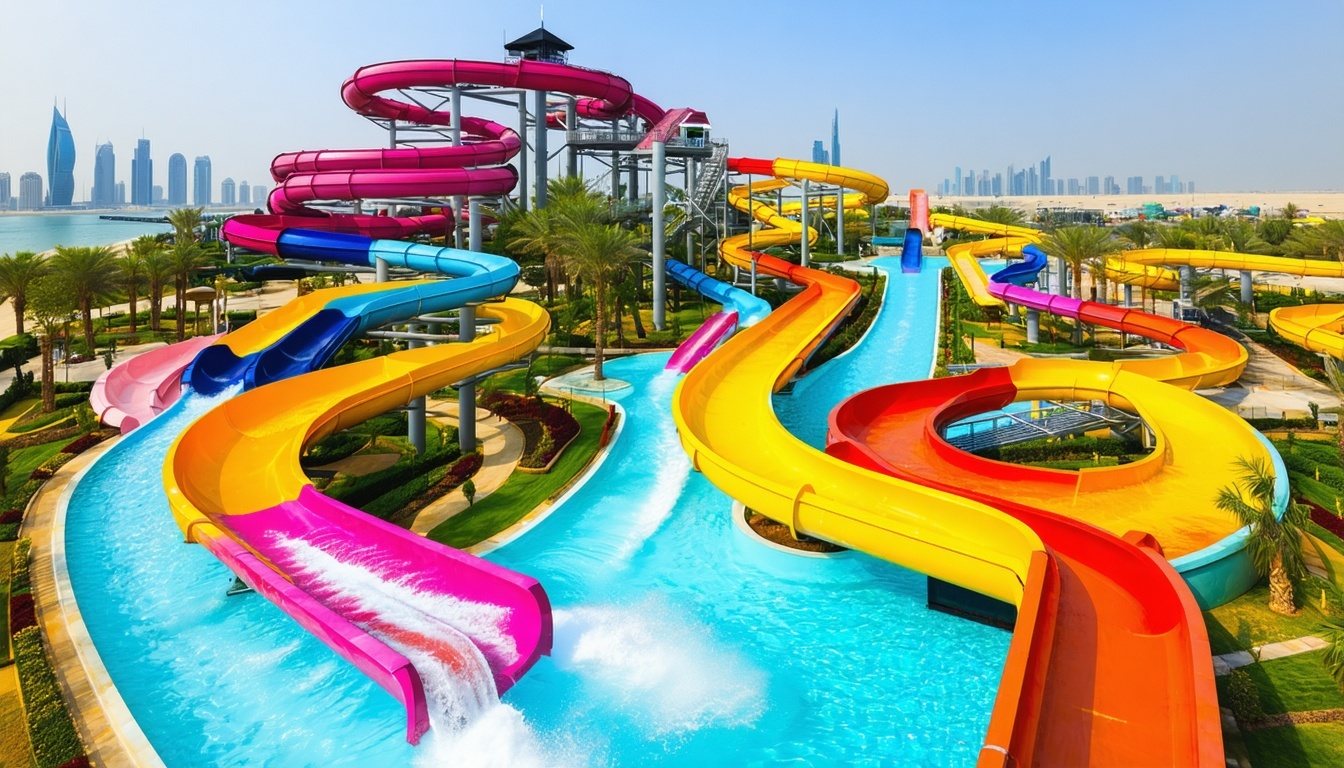 Aerial view of a vibrant water park in Dubai featuring twisting slides and wave pools