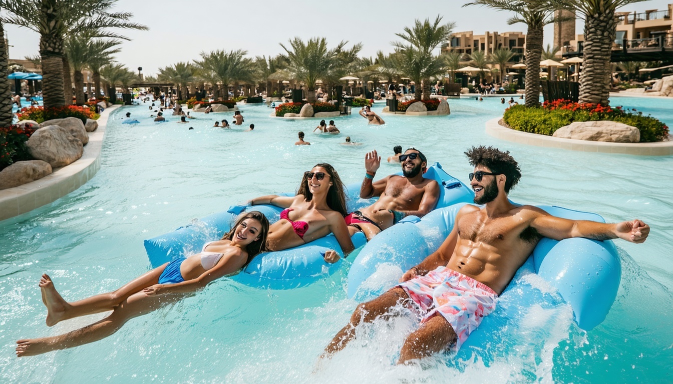 Group of friends relaxing in a lazy river surrounded by palm trees at a Dubai water park
