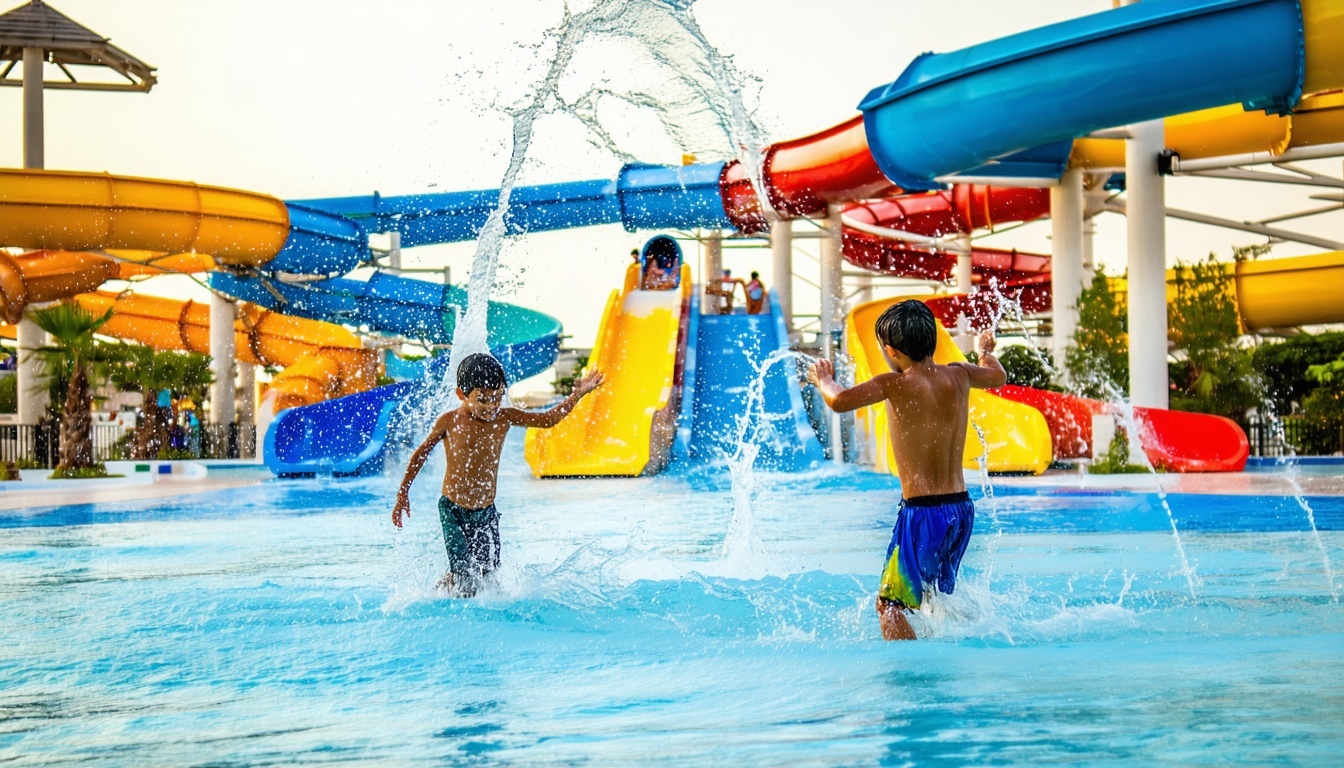 Children enjoying a splash zone area at a Dubai water park