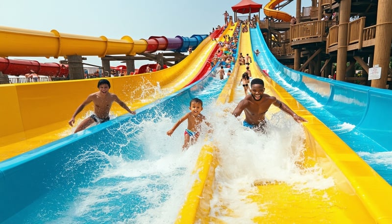 Families enjoying water slides and attractions at a Dubai water park Families enjoying water slides and attractions at a Dubai water park