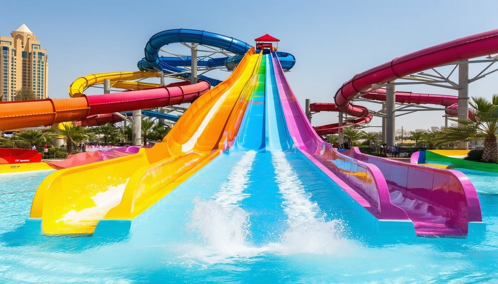 A vibrant Dubai water park with slides and pools A vibrant Dubai water park with slides and pools