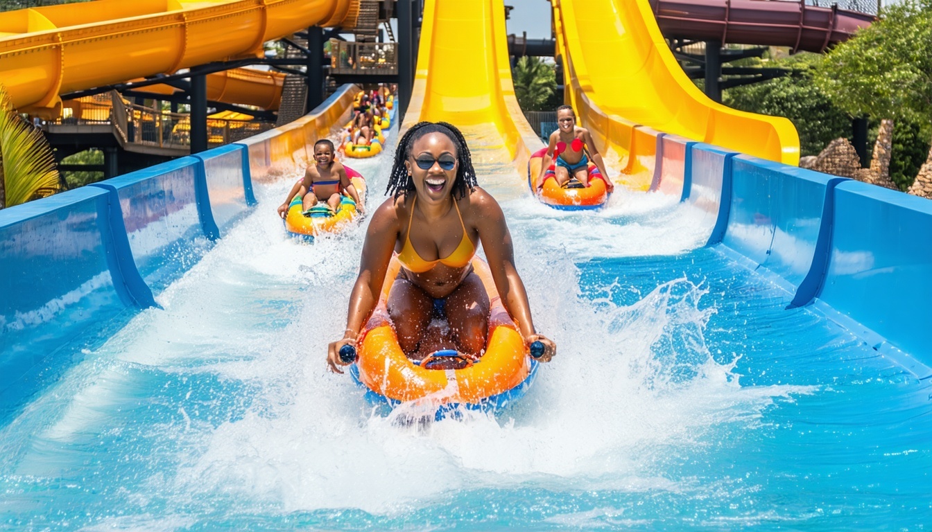 Family enjoying water slides at Dubai water park
